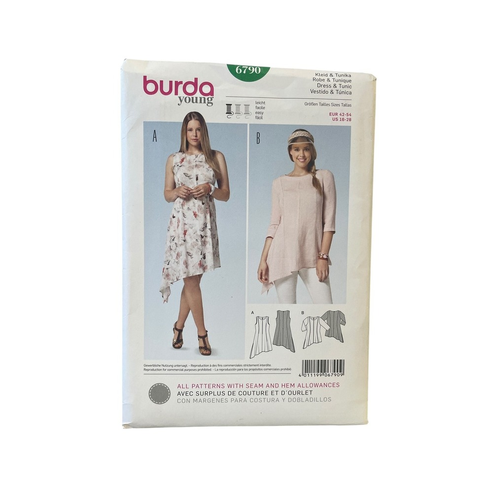 Burda Sewing Pattern Women Size 16-28 Dress Tunic 6790 Handkerchief Hem Easy